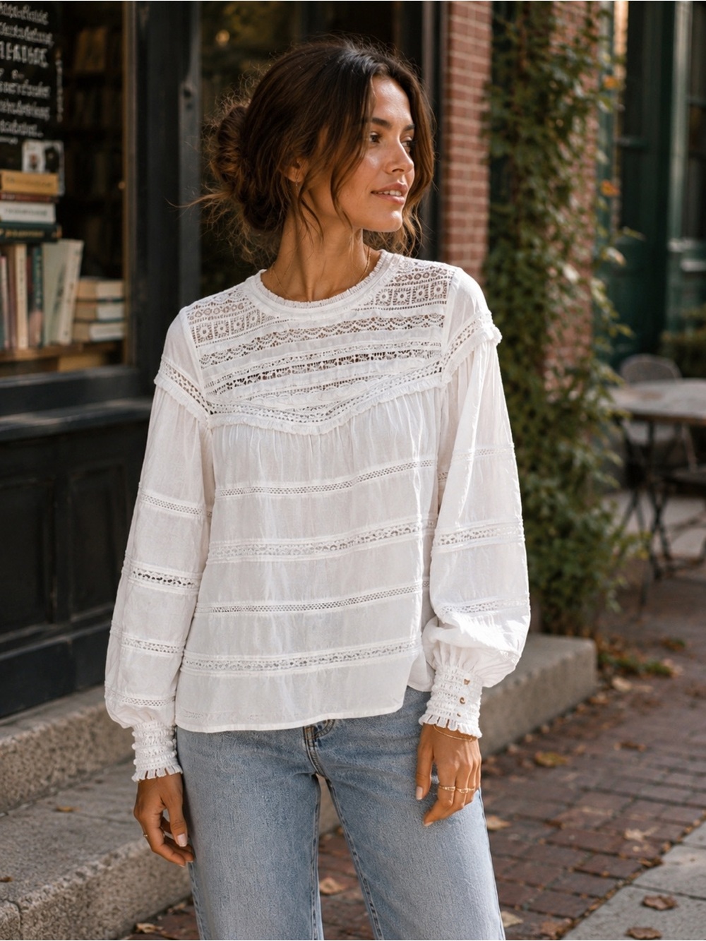 White Cotton Lace Peasant Blouse M Crochet Yoke Balloon Sleeve Boho